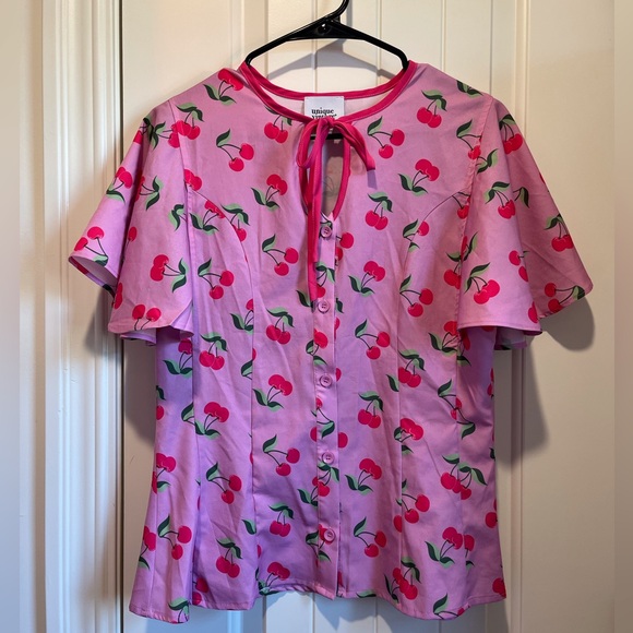 Unique Vintage Hot Pink Cherry Tie Neck Blouse 50s 60s Inspired Pinup Kawaii - Picture 3 of 7